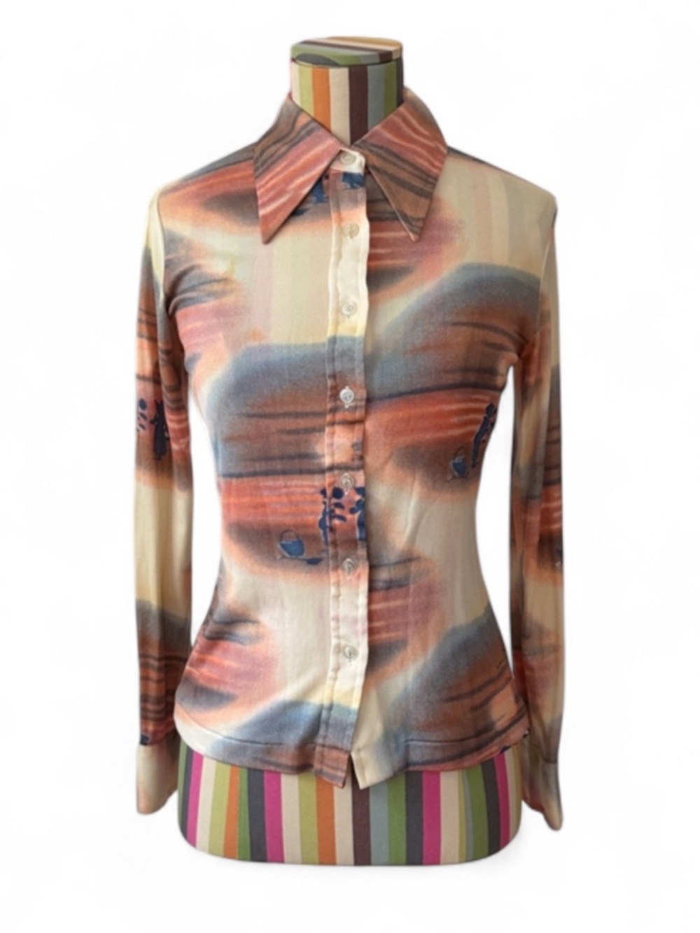Vintage 1970s Andy’s Juniors Novelty Print Dagger Collar Button Up Blouse Shirt